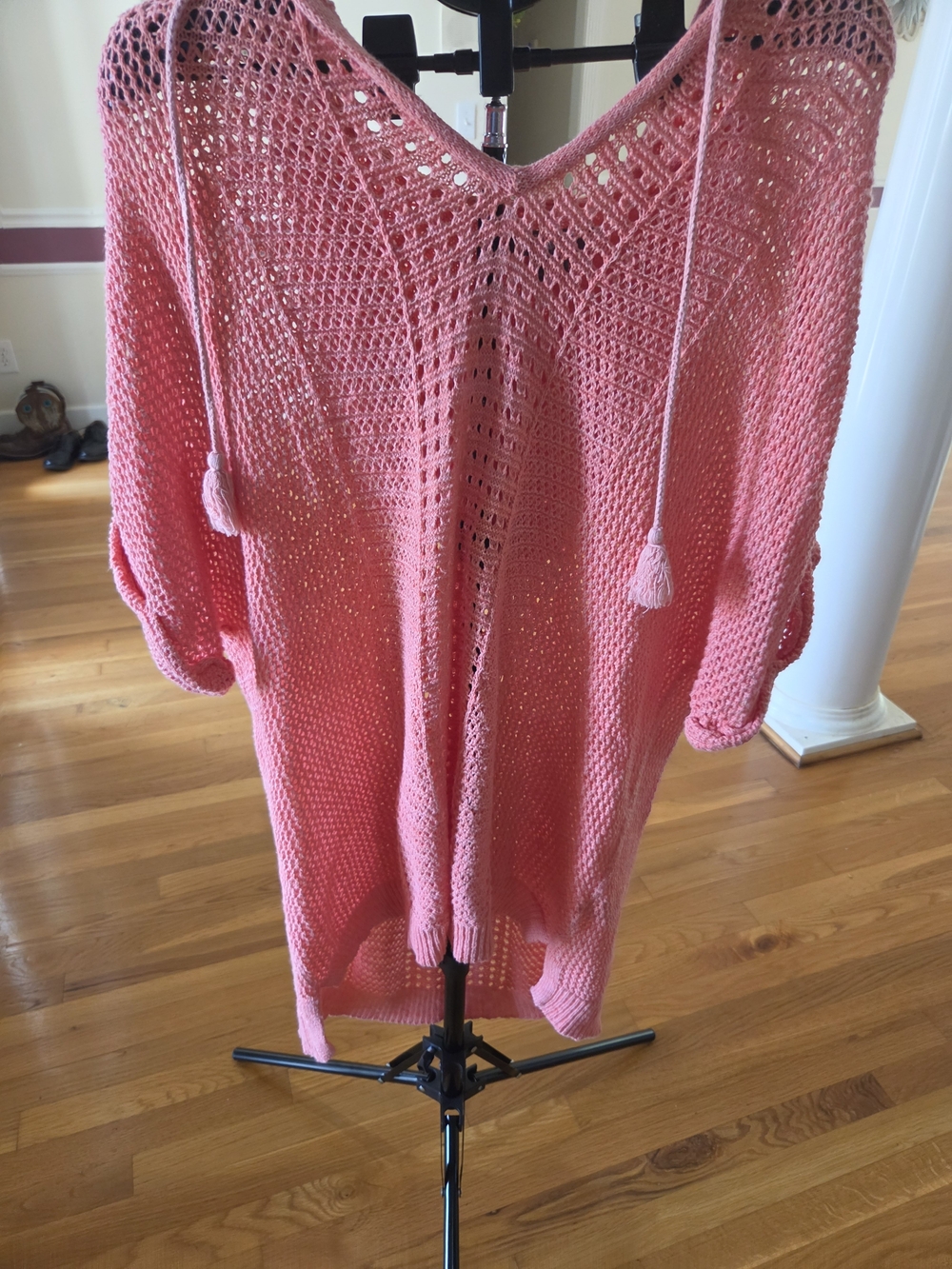 Natural Reflections Pink Open-Knit V-Neck Tassel Sweater
